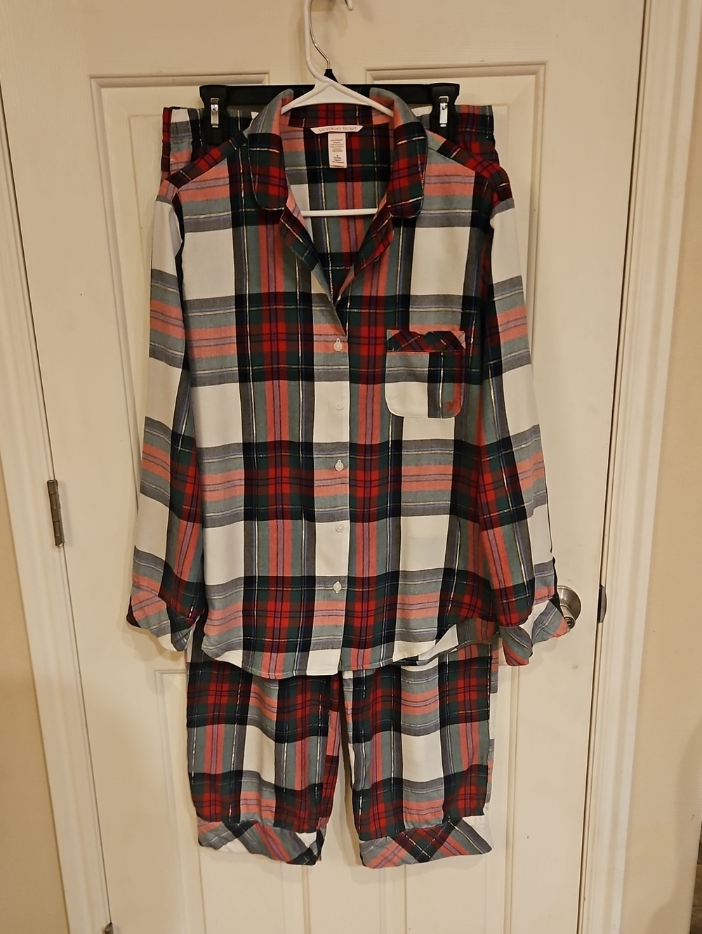 Victoria's Secret Red, Green & White Plaid Christmas Pajama Set